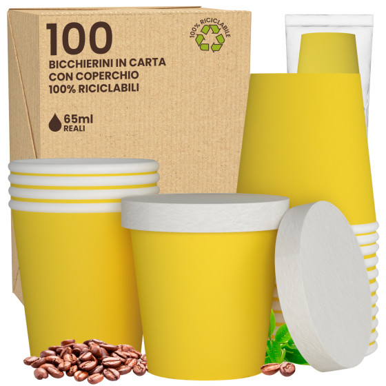 100 Bicchierini in Carta Riciclabile Colore Giallo da 65ml e Coperchi 100 Bicchierini in Carta Riciclabile Colore Giallo da 65ml e Coperchi