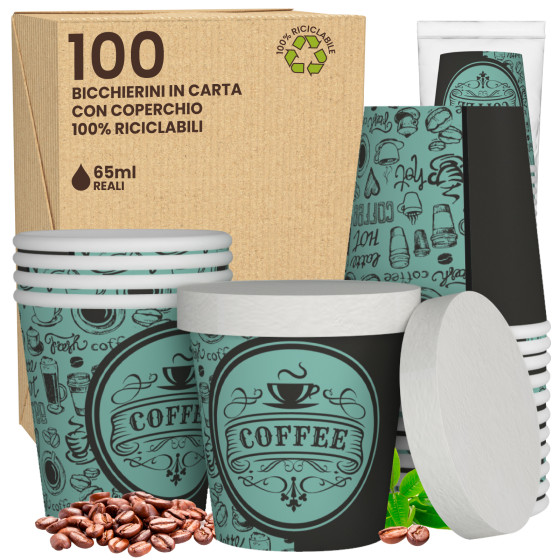 100 Bicchierini da Caffè con coperchi in Carta PubGreenCUP da 65ml 100 Bicchierini da Caffè con coperchi in Carta PubGreenCUP da 65ml