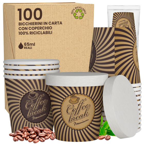 100 Bicchierini in Carta Riciclabile VintageCUP da 65ml e Coperchi 100 Bicchierini in Carta Riciclabile VintageCUP da 65ml e Coperchi