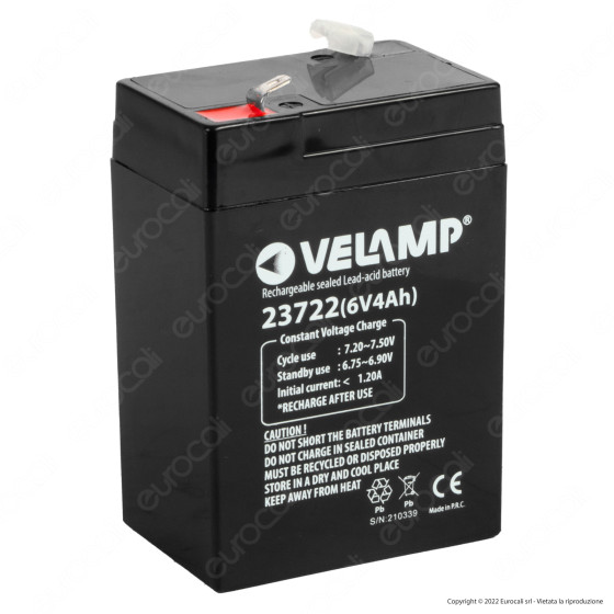 Batteria al Piombo 6V4Ah Ricaricabile Attacchi Faston Velamp Batteria al Piombo 6V4Ah Ricaricabile Attacchi Faston Velamp