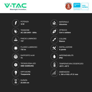 V-Tac Pro VT-44010 Faro LED 10W IP65 Chip Samsung Bianco