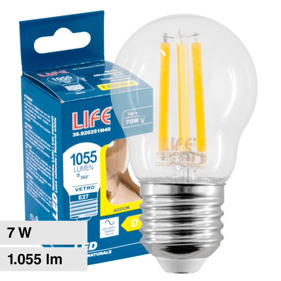 Life Lampadina LED E27 7W MiniGlobo G45 Filament in Vetro Life Lampadina LED E27 7W MiniGlobo G45 Filament in Vetro