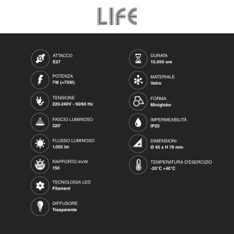 Life Lampadina LED E27 7W MiniGlobo G45 Filament in Vetro