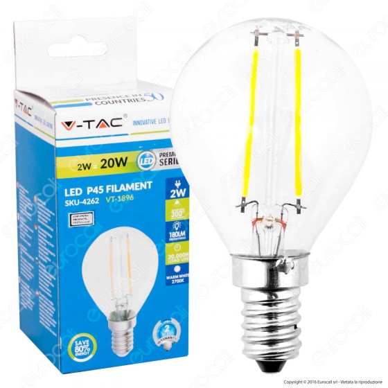 V-Tac VT-1896 Lampadina LED E14 2W MiniGlobo Filamento P45 - SKU 4262 V-Tac VT-1896 Lampadina LED E14 2W MiniGlobo Filamento P45 - SKU 4262