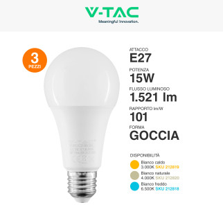 VT-2015 Super Saver Pack 3 Lampadine LED E27 A65 15W V-Tac