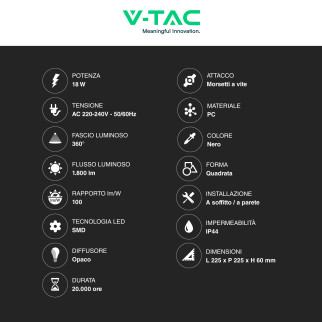 VT-8618S Plafoniera LED Quadrata 18W SMDV-Tac IP44 Sensore