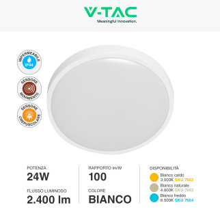 VT-8624S Plafoniera LED Rotonda 24W SMD IP44 Bianca V-Tac