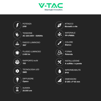 VT-8624S Plafoniera LED Rotonda 24W SMD IP44 Bianca V-Tac