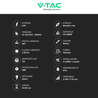 VT-8624S Plafoniera LED Rotonda 24W SMD IP44 Bianca V-Tac