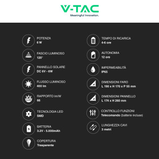VT-40W Faro LED 6W IP65 Nero Pannello Solare e Telecomando V-Tac