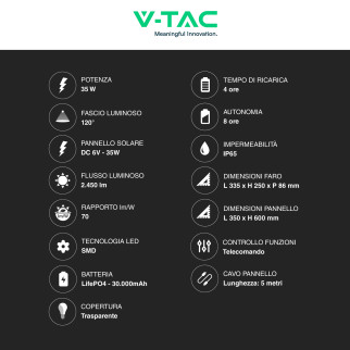 VT-100W Faro LED 35W IP65 Pannello Solare con Telecomando V-Tac