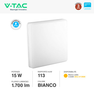 VT-8033 Plafoniera LED Quadrata 15W SMD Samsung IP44 Bianca V-Tac
