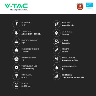 VT-8033 Plafoniera LED Quadrata 15W SMD Samsung IP44 Bianca V-Tac