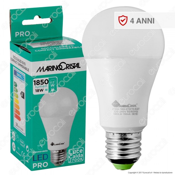 Marino Cristal Serie PRO Lampadina LED E27 18W Bulb A60 Dimmerabile Marino Cristal Serie PRO Lampadina LED E27 18W Bulb A60 Dimmerabile
