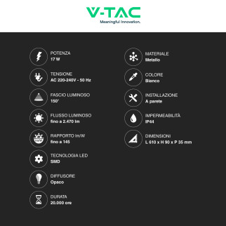 VT-821 Lampada LED da Muro 17W SMD IP44 Colore Bianco V-Tac