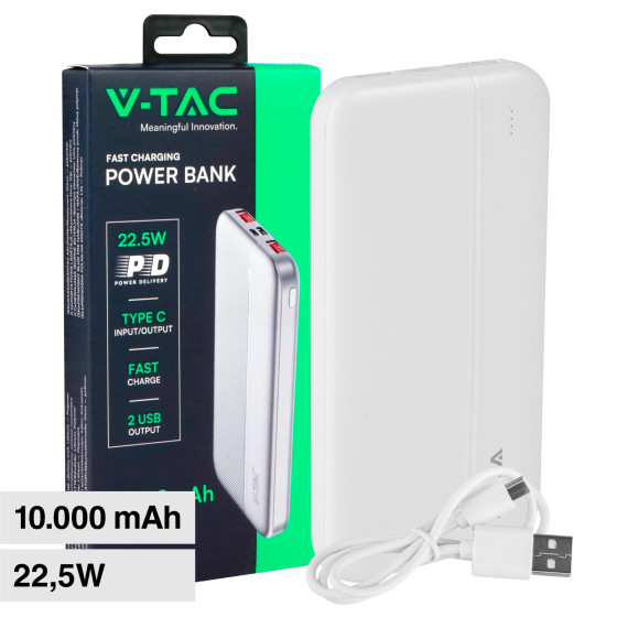 VT-10000 Power Bank 10000mAh Ricarica Rapida PD Bianco V-Tac
