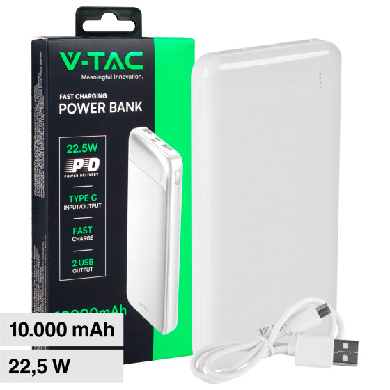 VT-10005 Power Bank Portatile 10000mAh Colore Bianco V-Tac