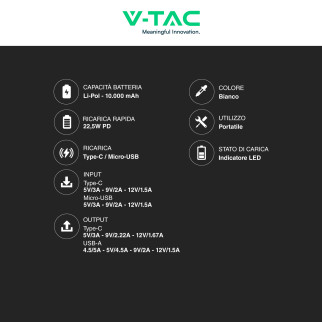 VT-10005 Power Bank Portatile 10000mAh Colore Bianco V-Tac