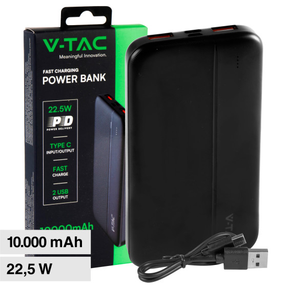 VT-10000 Power Bank 10000mAh Ricarica Rapida PD Nero V-Tac
