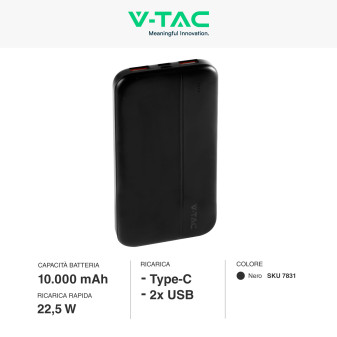 VT-10000 Power Bank 10000mAh Ricarica Rapida PD Nero V-Tac