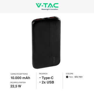 VT-10000 Power Bank 10000mAh Ricarica Rapida PD Nero V-Tac