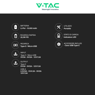VT-10000 Power Bank 10000mAh Ricarica Rapida PD Nero V-Tac