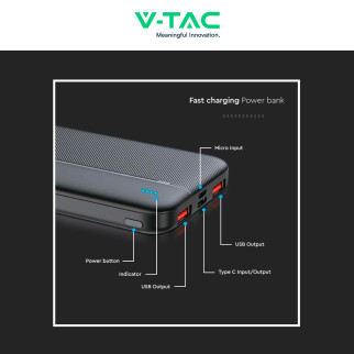 VT-10000 Power Bank 10000mAh Ricarica Rapida PD Nero V-Tac