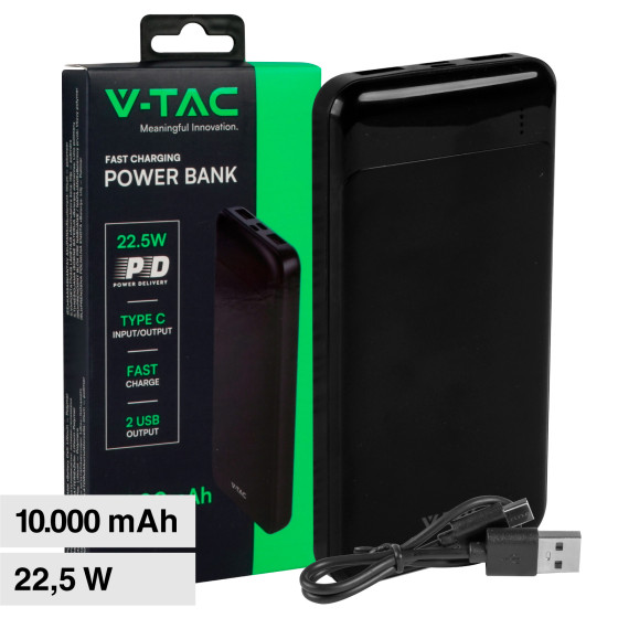 VT-10005 Power Bank 10000mAh Ricarica Rapida PD Nero V-Tac