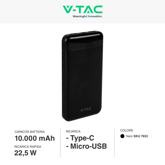 VT-10005 Power Bank 10000mAh Ricarica Rapida PD Nero V-Tac