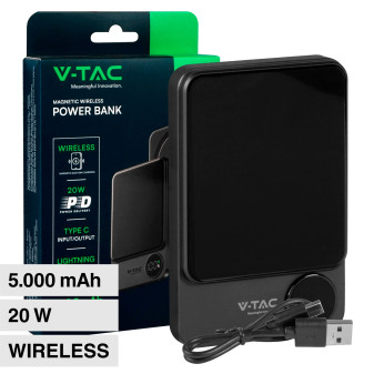V-Tac VT-50005 Power Bank Wireless 5000mAh con Ricarica Rapida 20W PD Attacco...