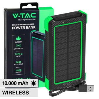 V-Tac VT-11111 Power Bank Wireless 10000mAh con Pannello Solare Indicatore...