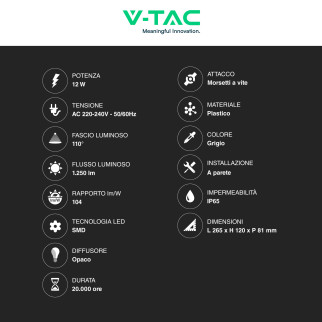VT-8054 Lampada LED da Muro 12W SMD IP65 Colore Grigio V-Tac
