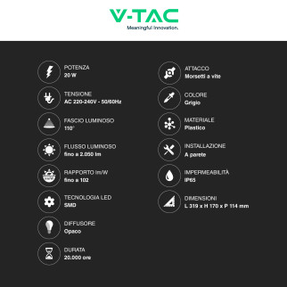 VT-8055 Lampada LED da Muro 20W SMD IP65 Colore Grigio V-Tac