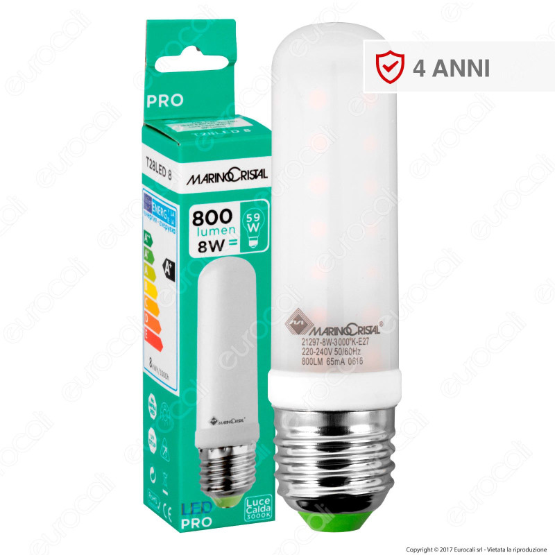 Marino Cristal Serie PRO Lampadina LED E27 8W Tubolar T28 [TERMINATO]