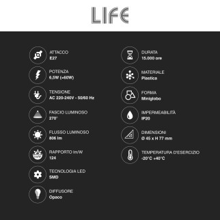 Lampadina LED E27 6,5W Minisfera G45 MiniGlobo SMD Life