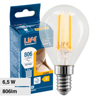 Life Lampadina LED E14 Filament 6,5W Minisfera P45 MiniGlobo SMD in Vetro -...