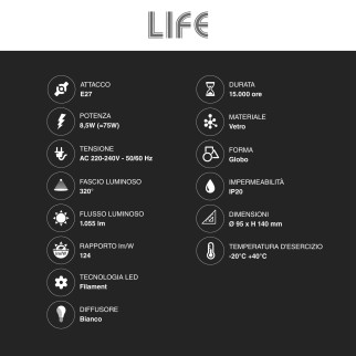 Lampadina LED E27 8,5W Bulb G95 Milky Filament Vetro Life