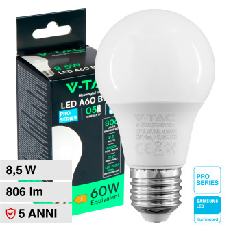 V-Tac Pro VT-210 Lampadina LED E27 8,5W Bulb A60 Goccia SMD Chip Samsung -...