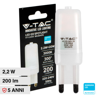 V-Tac VT-11033 Lampadina LED G9 2,2W Tubolare Spotlight SMD Chip Samsung -...