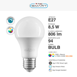 VT-5109 Lampadina LED A60 8,5W E27 RGB+W Dimmerabile V-Tac