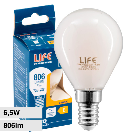 Life Lampadina LED E14 6,5W Minisfera P45 Filament Vetro Milky