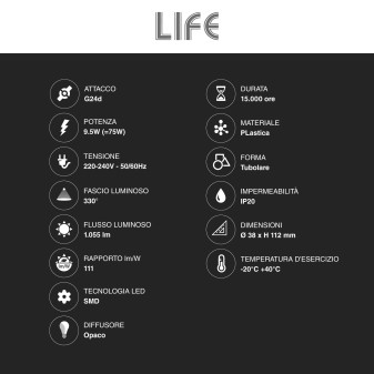Lampada LED SMD Tower PL-C 9,5W attacco G24d 2 Pin Life