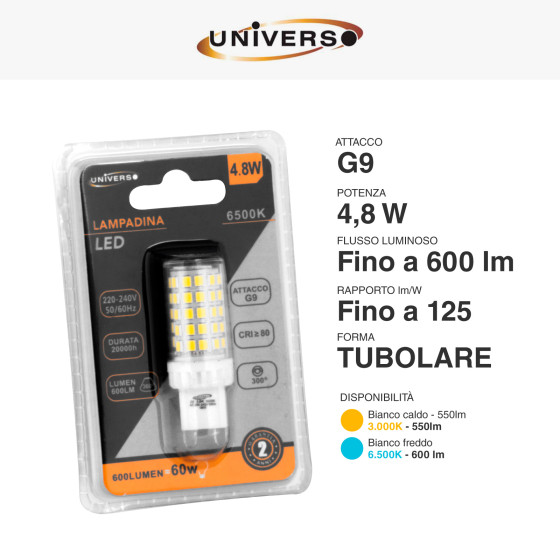 Lampadina LED G9 4,8W Tubolare SMD Universo Lampadina LED G9 4,8W Tubolare SMD Universo