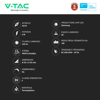 VT-277 Faretto LED GU10 6W Spotlight SMD Chip Samsung V-Tac Pro