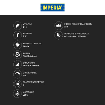 Lampadina LED E14 7W Tubolare T30 Filament in Vetro Imperia