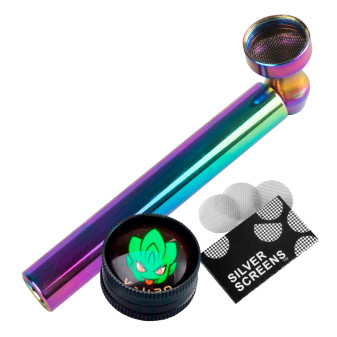 Champ High Pipa a Tubo in Metallo Colore Rainbow + Grinder Tritatabacco 2...