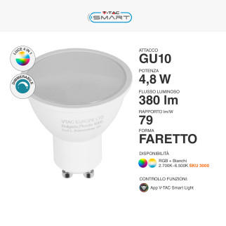V-Tac Smart VT-2215 Lampadina LED Wi-Fi GU10 4.8W Faretto