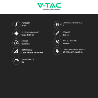 VT-60036 Pannello LED Quadrato 60x60 36W SMD e Driver V-Tac