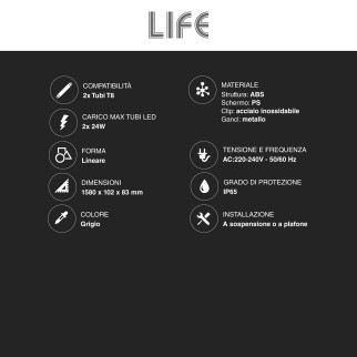 Plafoniera Lineare Slim Porta Tubi LED IP65 2 Tubi T8 da 150cm Life