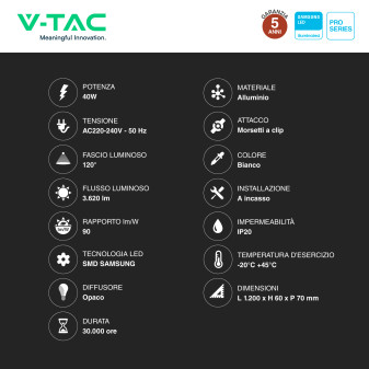 VT-7-41 Lampada LED ad Incasso 40W SMD Samsung V-Tac Pro